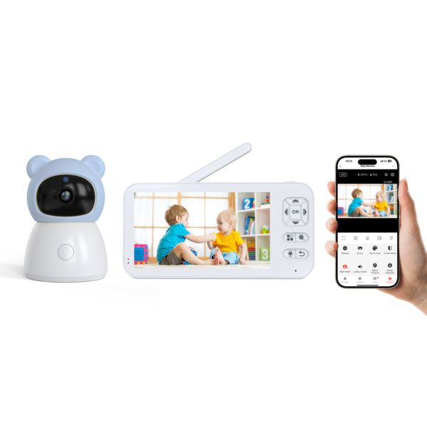 Bear Baby Monitor Smart Control Wifi Wireless Remote Access 1080P Video Rotation Digital Two way Audio Portable Camera, 5 inch HD Screen Display, Infrared Night Vision Teddy Webcam Pastel Blue 2