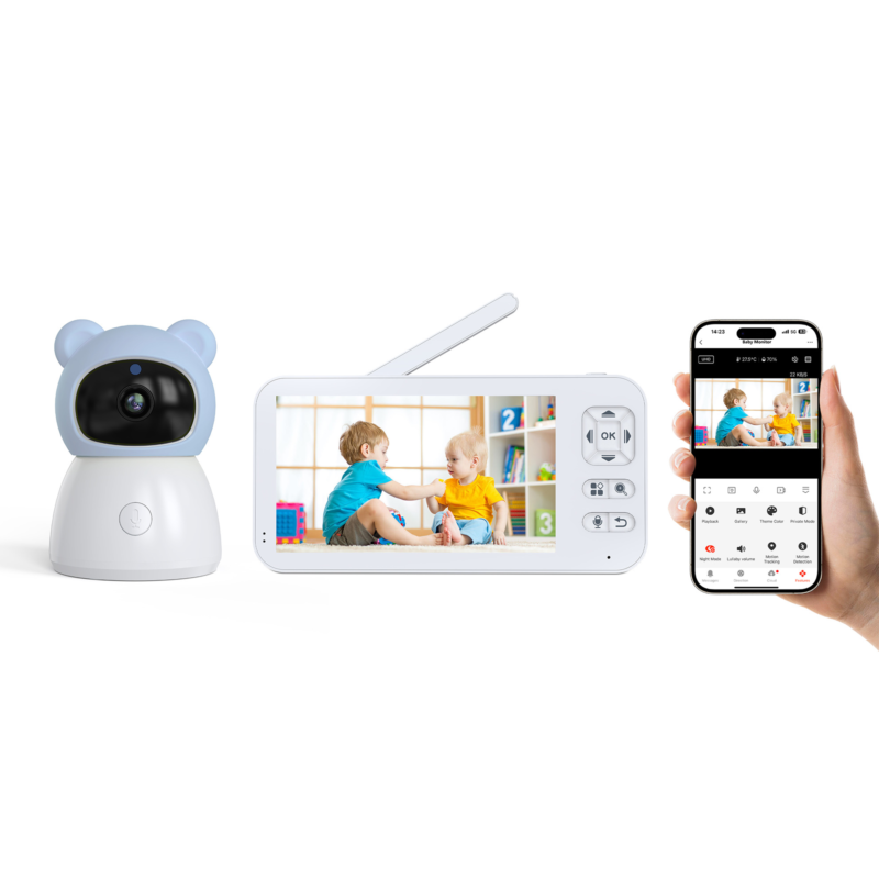 Bear Baby Monitor Smart Control Wifi Wireless Remote Access 1080P Video Rotation Digital Two way Audio Portable Camera, 5 inch HD Screen Display, Infrared Night Vision Teddy Webcam Pastel Blue 2