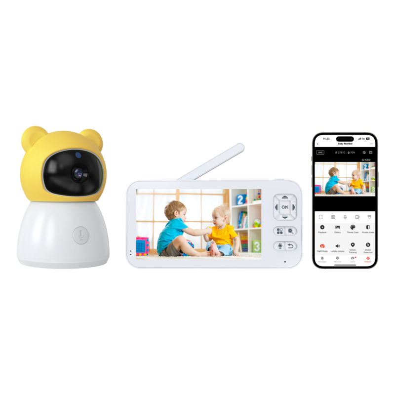 Bear Baby Monitor Smart Control Wifi Wireless Remote Access 1080P Video Rotation Digital Two way Audio Portable Camera, 5 inch HD Screen Display, Infrared Night Vision Teddy Webcam Yellow 2