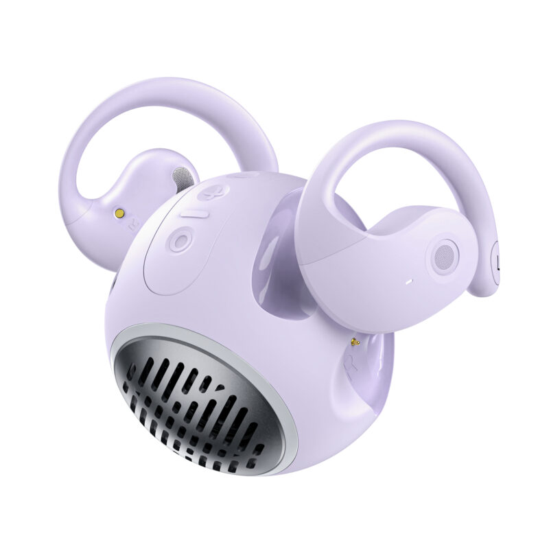 Bluetooth 5.4 TWS Over Ear Buds with Earhook, Built in Mic, Portable Mini Travel Speaker 3D Ball Charging Case (Lavender Purple)