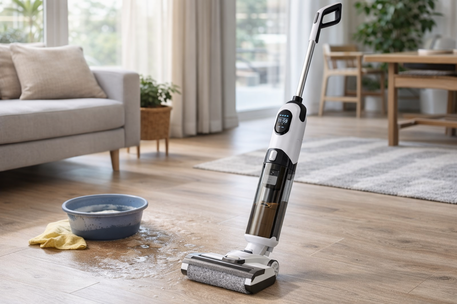 Ayeeb CHARM cordless handheld automatic rechargeable mop with water tank and digital display on white background