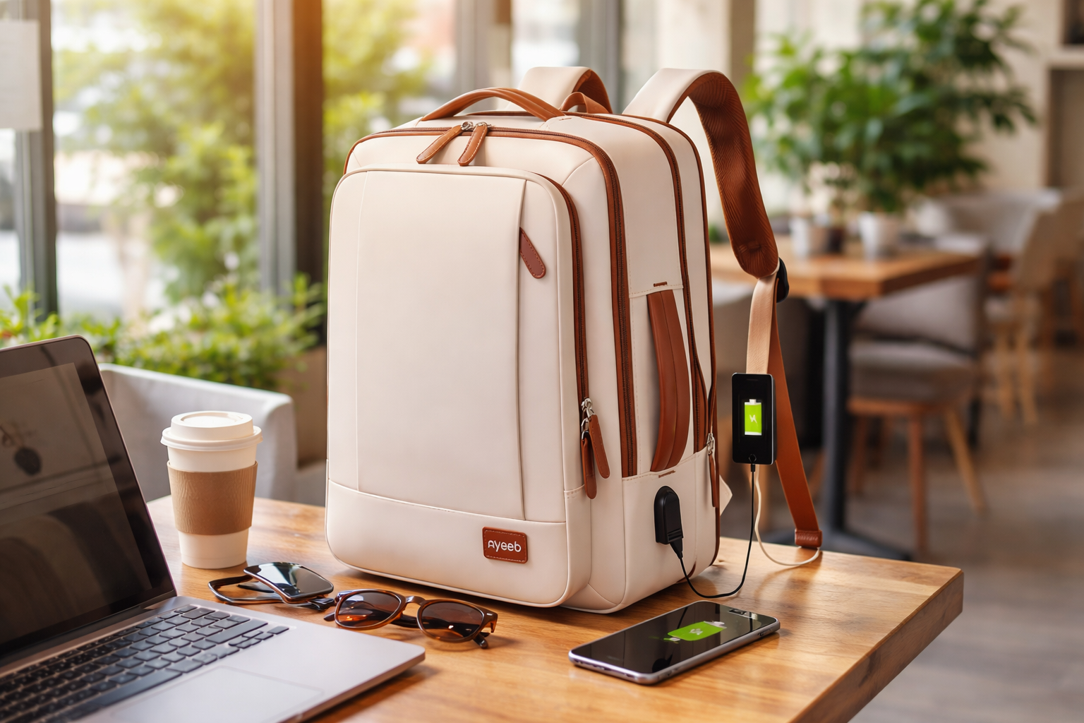 Ayeeb EHAB cream white laptop backpack displayed on a cafe table with laptop, coffee, and phone charging in a digital nomad lifestyle setting